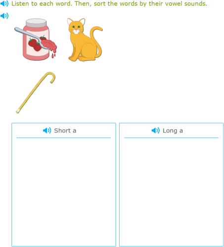 IXL - Sort short and long vowel words (Kindergarten English practice)